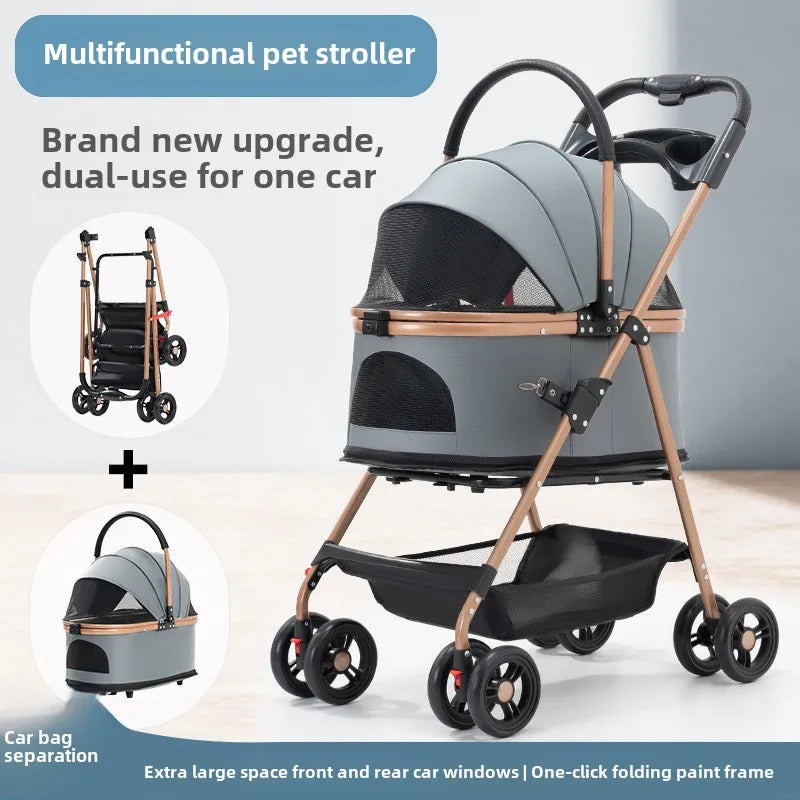 🐾 Carrito 3 en 1 para Perros y Gatos – Plegable, Transportín Desmontable y Seguro (hasta 13 kg)
