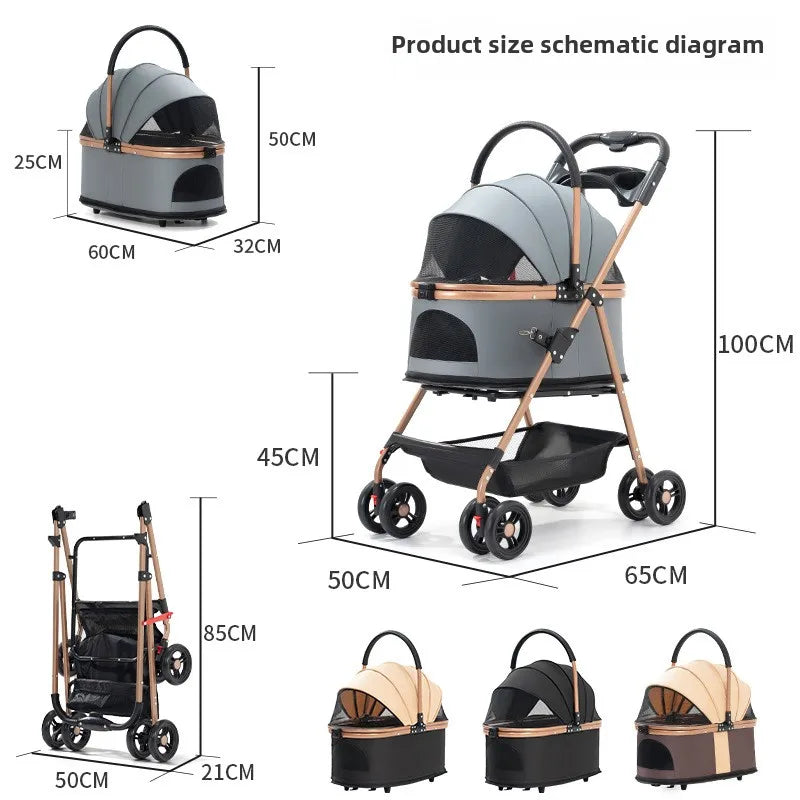 🐾 Carrito 3 en 1 para Perros y Gatos – Plegable, Transportín Desmontable y Seguro (hasta 13 kg)