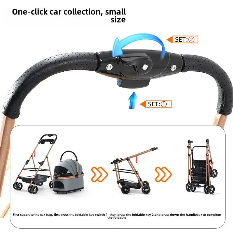 🐾 Carrito 3 en 1 para Perros y Gatos – Plegable, Transportín Desmontable y Seguro (hasta 13 kg)